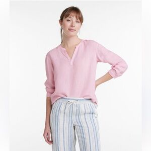 L.L. Bean Pink Split-Neck Long-Sleeve 100% Linen Top